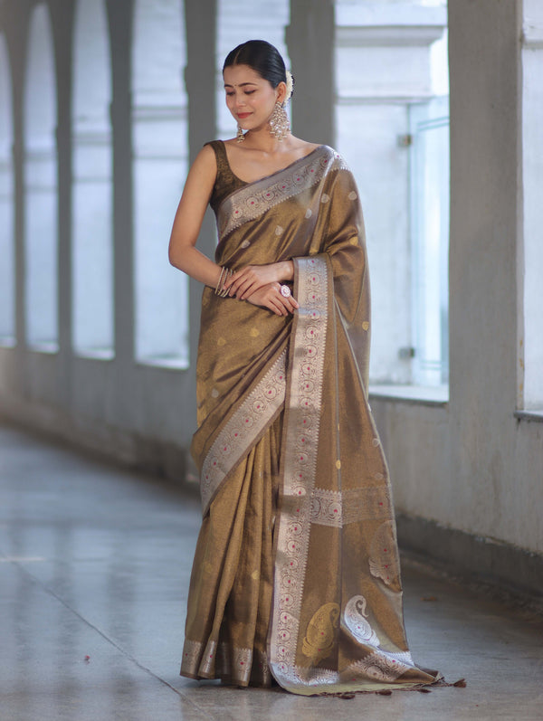 Banarasee Handloom Dual Tone Shimmer Silk Saree With Buti Design & Meena Border-Olive Green