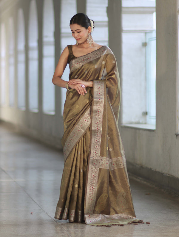 Banarasee Handloom Dual Tone Shimmer Silk Saree With Buti Design & Meena Border-Olive Green