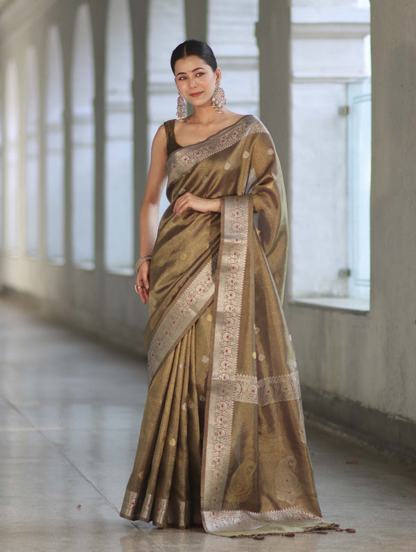 Banarasee Handloom Dual Tone Shimmer Silk Saree With Buti Design & Meena Border-Olive Green