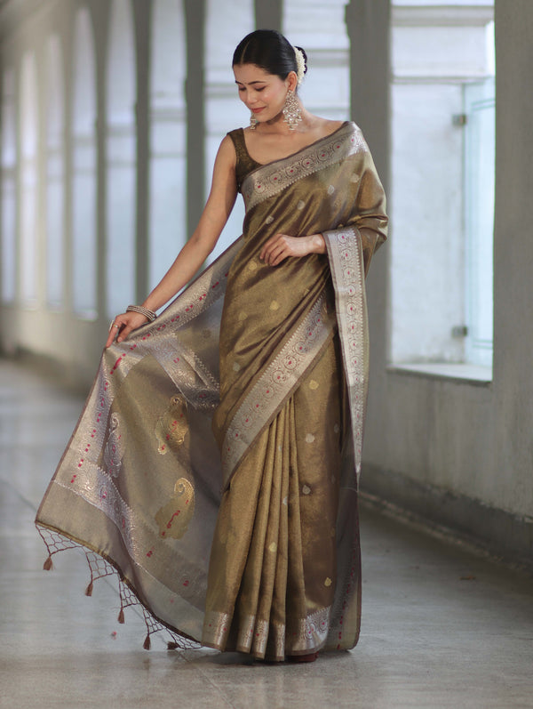 Banarasee Handloom Dual Tone Shimmer Silk Saree With Buti Design & Meena Border-Olive Green