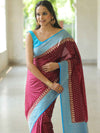 Banarasee Semi-Katan Zari Buta & Contrast Border Saree-Maroon & Blue