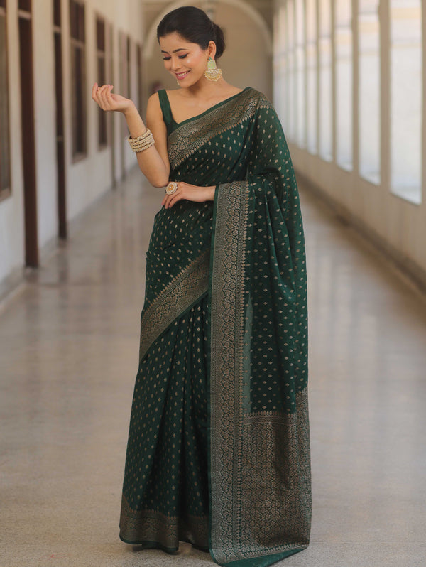 Banarasee Semi-Chiffon Saree With Antique Gold Zari Work-Green