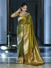 Banarasee Handloom Soft Silk Saree With Diya Design & Ganga Ghat Zari Border-Olive Green (Yellow Tone)