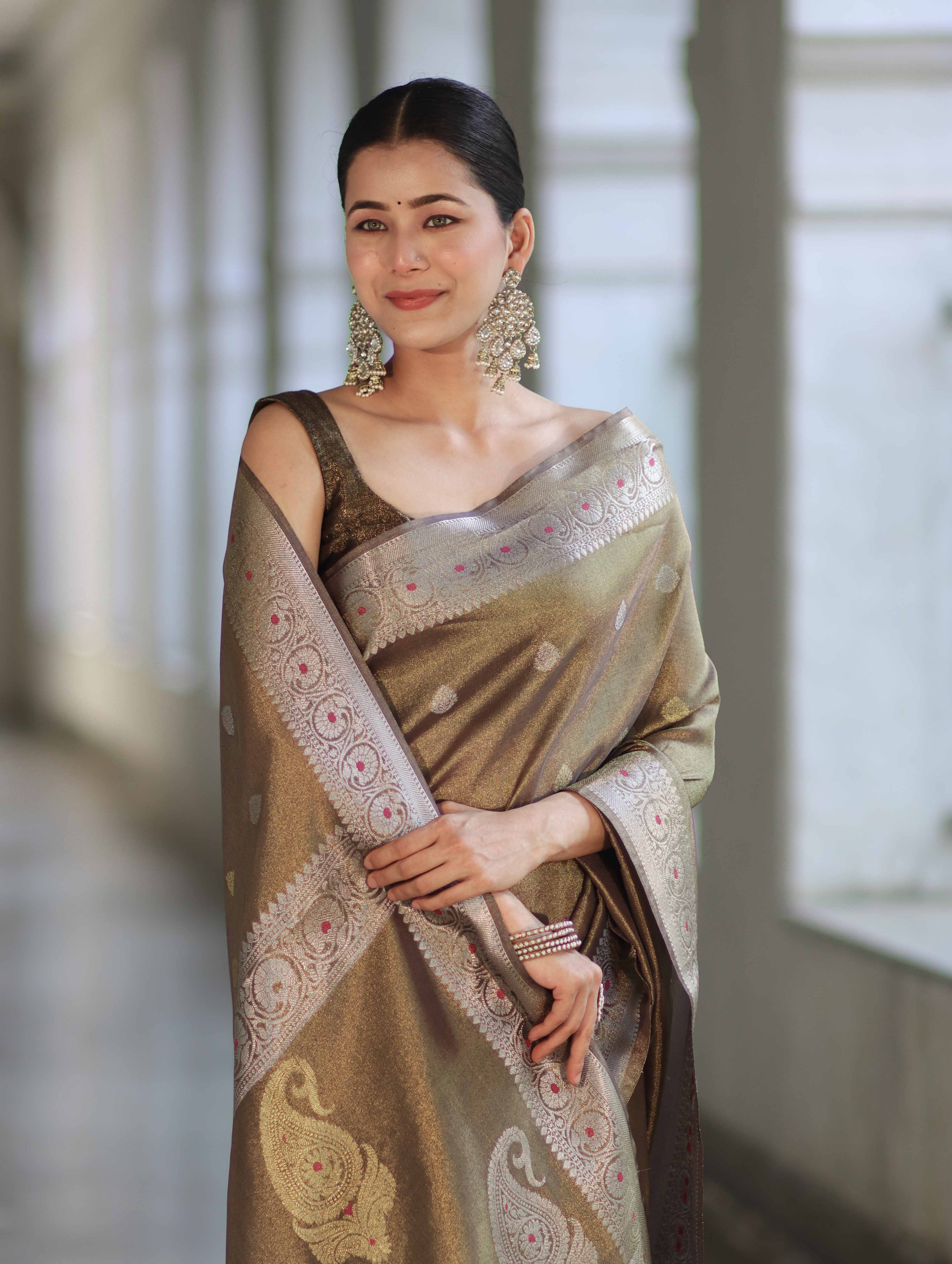 Banarasee Handloom Dual Tone Shimmer Silk Saree With Buti Design & Meena Border-Olive Green