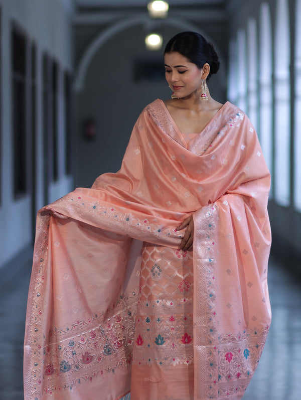 Banarasee Semi-Silk Silver Zari Work Salwar Kameez Fabric With Dupatta Set-Peach