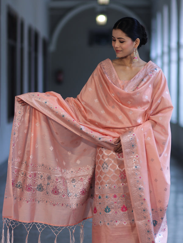 Banarasee Semi-Silk Silver Zari Work Salwar Kameez Fabric With Dupatta Set-Peach