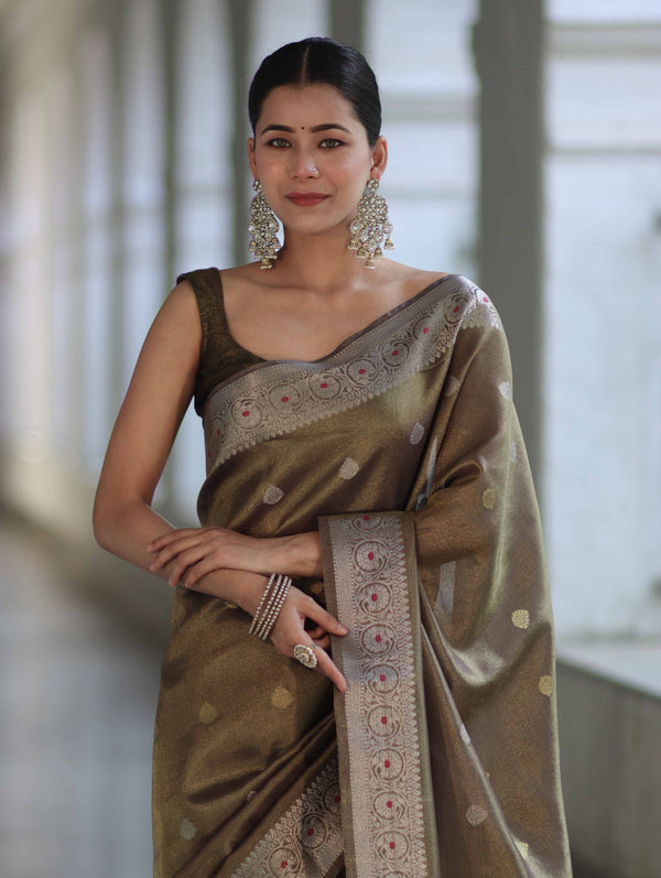Banarasee Handloom Dual Tone Shimmer Silk Saree With Buti Design & Meena Border-Olive Green