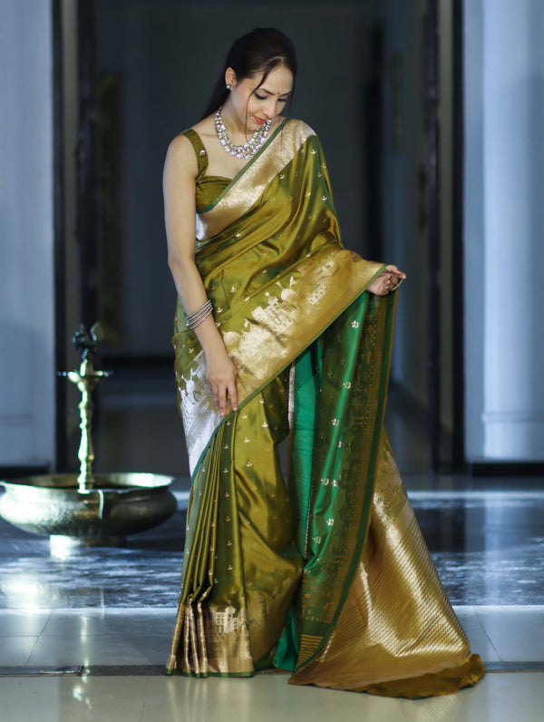 Banarasee Handloom Soft Silk Saree With Diya Design & Ganga Ghat Zari Border-Olive Green (Yellow Tone)