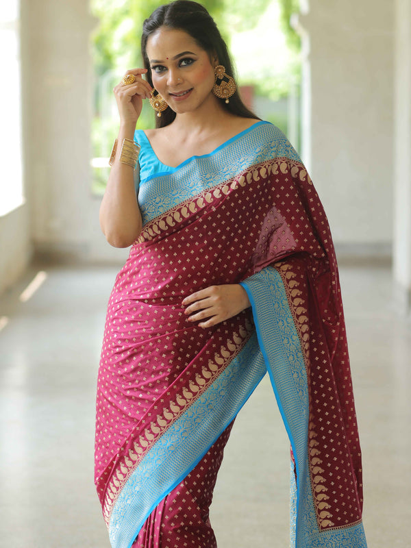 Banarasee Semi-Katan Zari Buta & Contrast Border Saree-Maroon & Blue