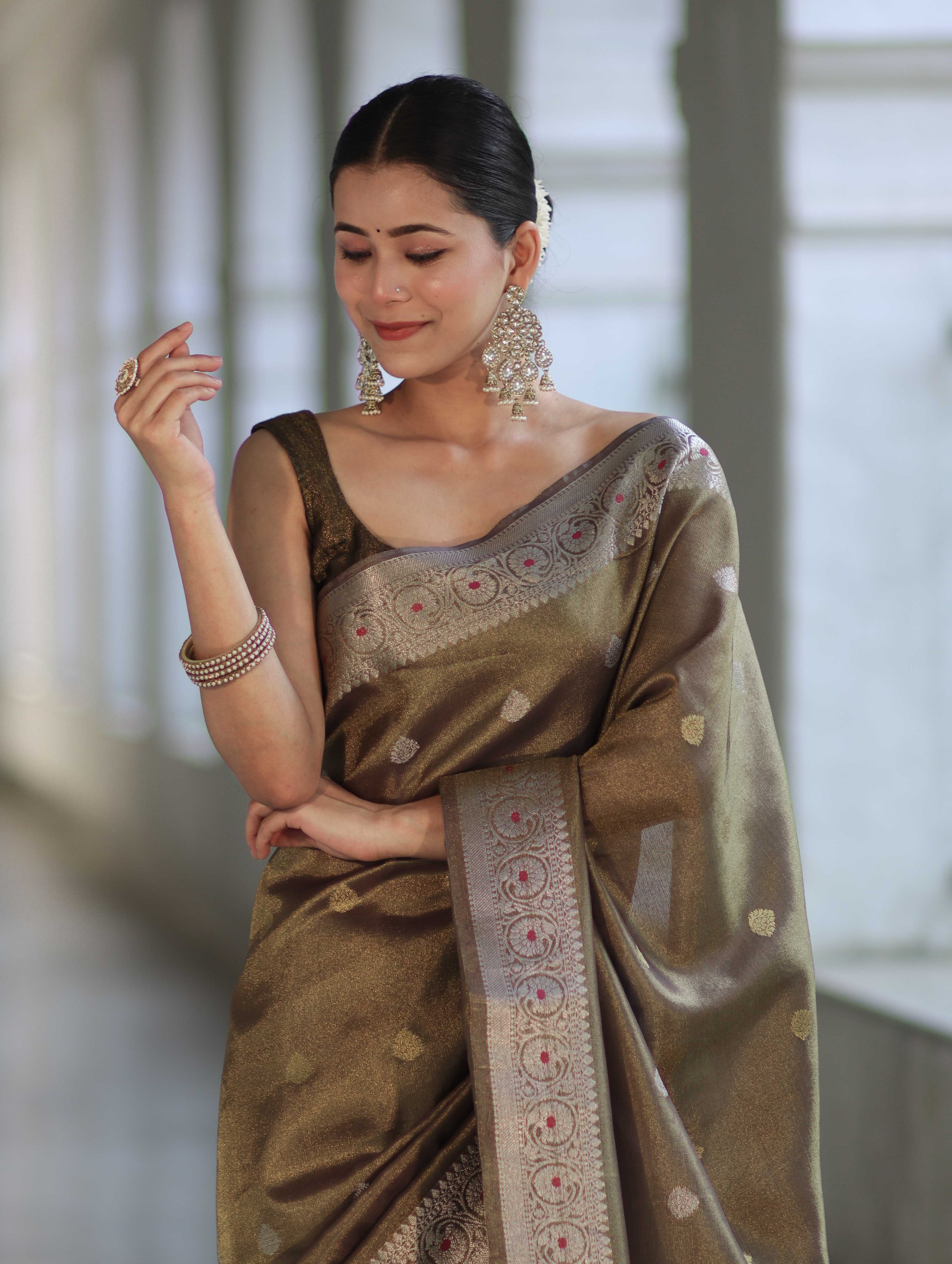 Banarasee Handloom Dual Tone Shimmer Silk Saree With Buti Design & Meena Border-Olive Green