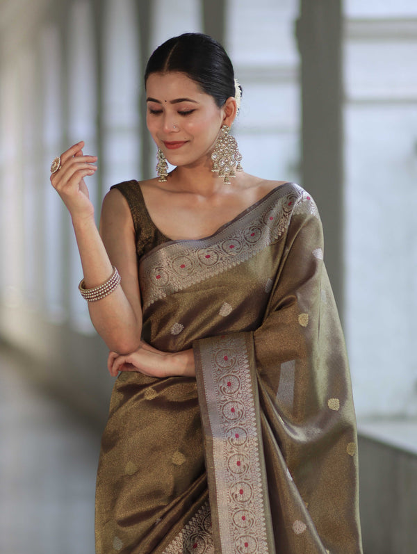 Banarasee Handloom Dual Tone Shimmer Silk Saree With Buti Design & Meena Border-Olive Green