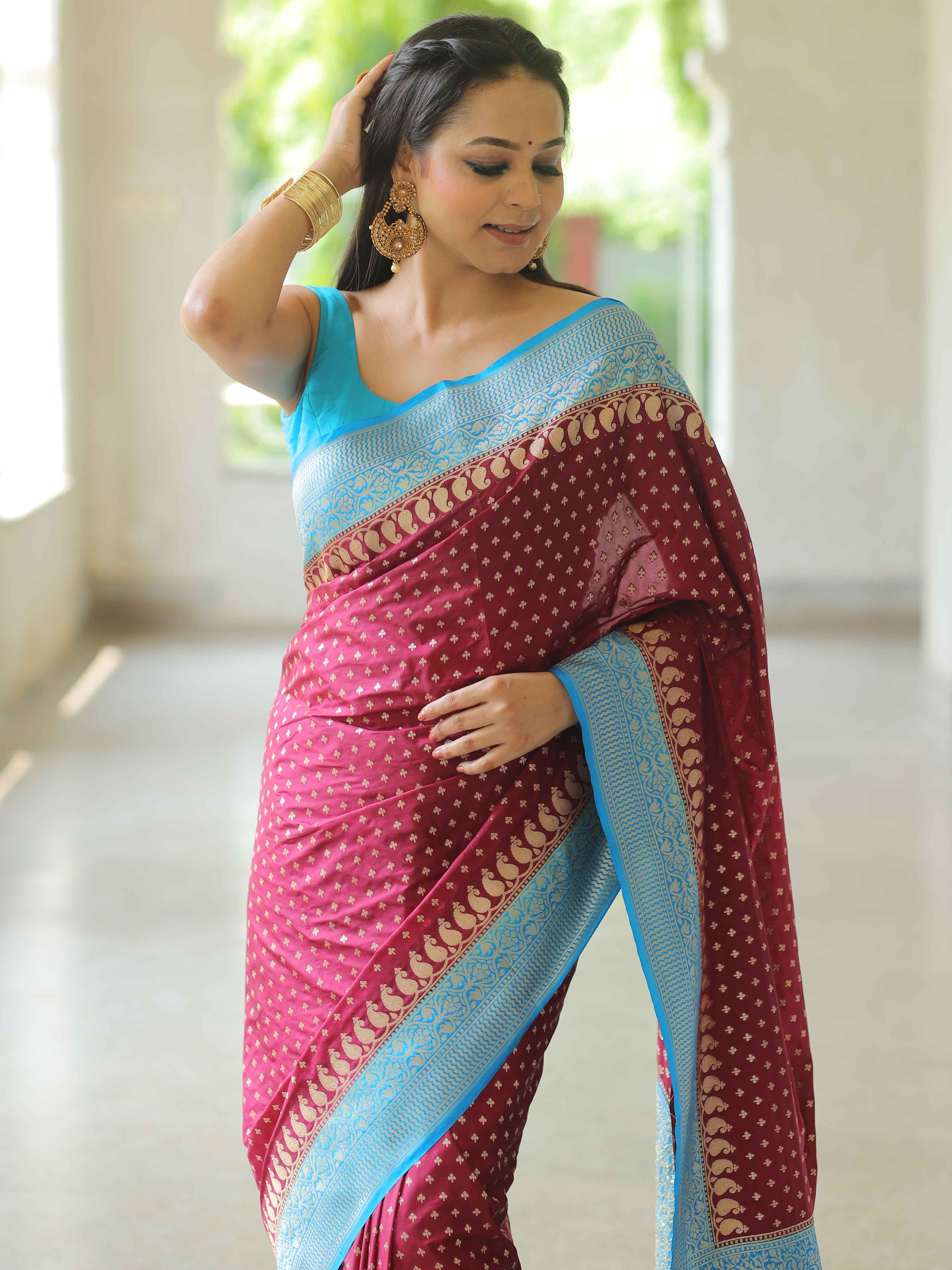 Banarasee Semi-Katan Zari Buta & Contrast Border Saree-Maroon & Blue