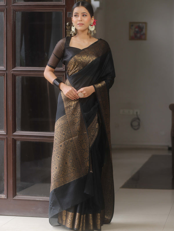 Banarasee Handwoven Semi Silk Plain Saree With Zari Border-Black