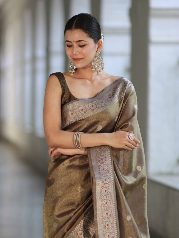 Banarasee Handloom Dual Tone Shimmer Silk Saree With Buti Design & Meena Border-Olive Green