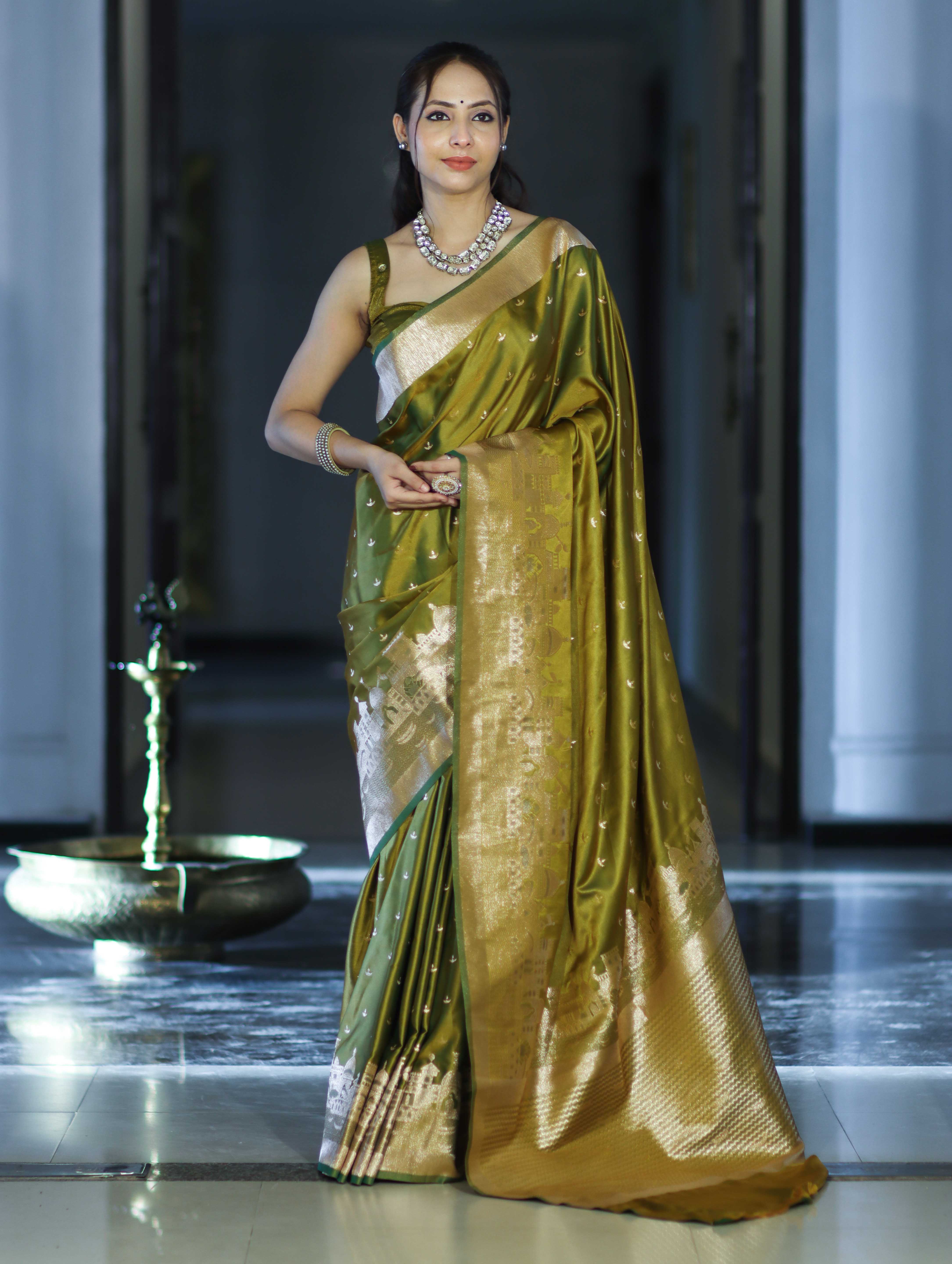 Banarasee Handloom Soft Silk Saree With Diya Design & Ganga Ghat Zari Border-Olive Green (Yellow Tone)