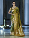 Banarasee Handloom Soft Silk Saree With Diya Design & Ganga Ghat Zari Border-Olive Green (Yellow Tone)