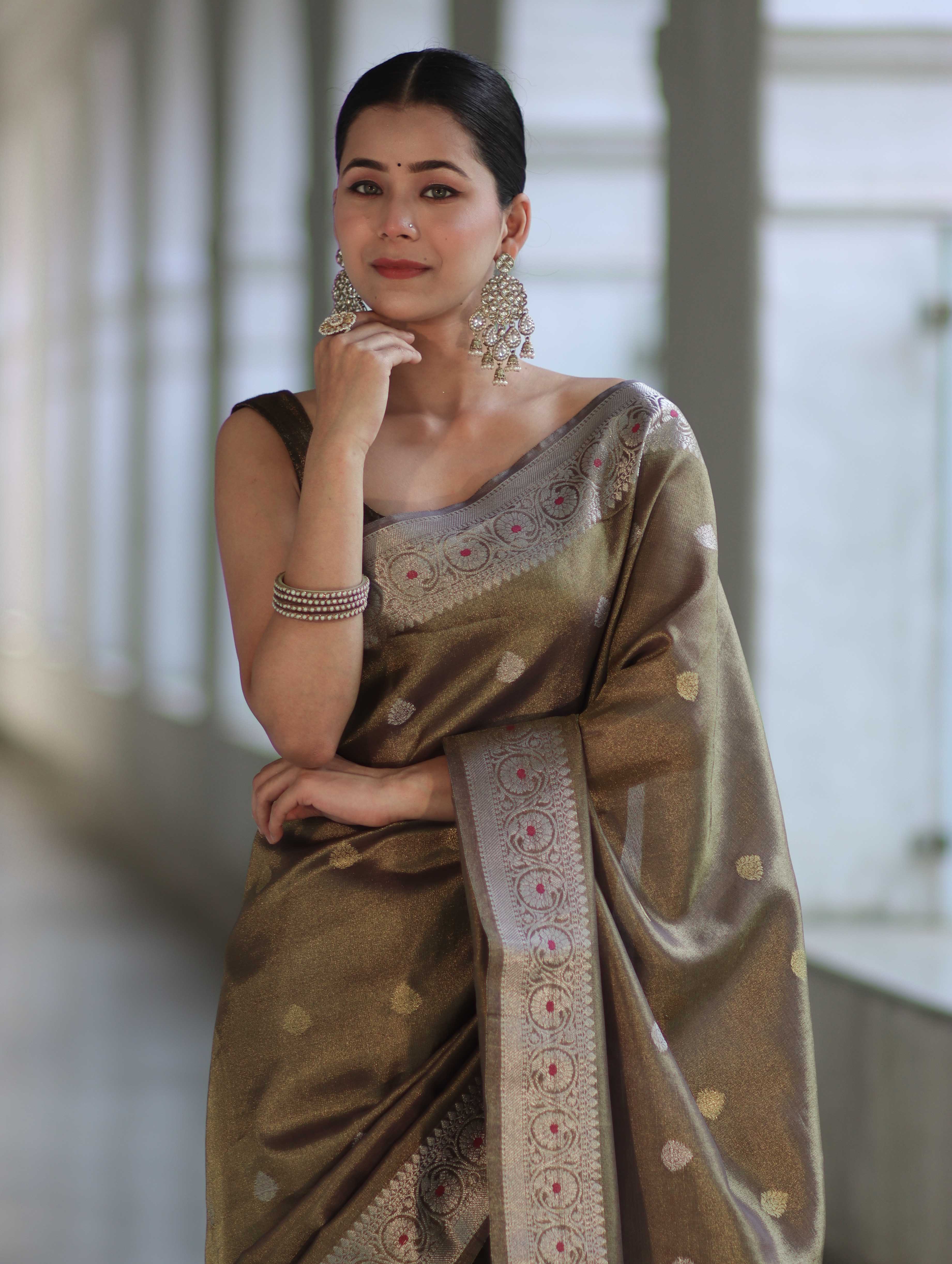 Banarasee Handloom Dual Tone Shimmer Silk Saree With Buti Design & Meena Border-Olive Green