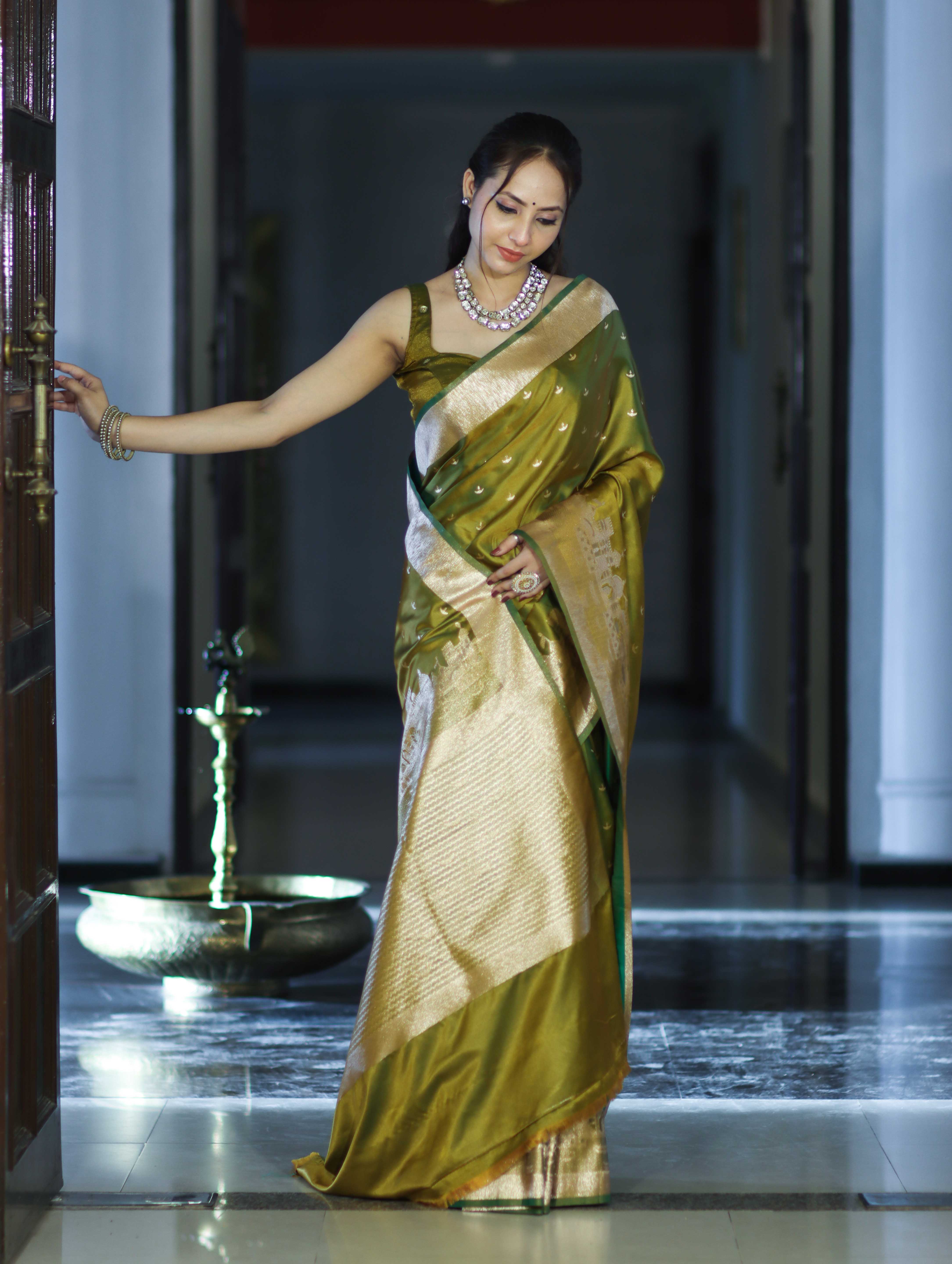 Banarasee Handloom Soft Silk Saree With Diya Design & Ganga Ghat Zari Border-Olive Green (Yellow Tone)