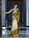 Banarasee Handloom Soft Silk Saree With Diya Design & Ganga Ghat Zari Border-Olive Green (Yellow Tone)