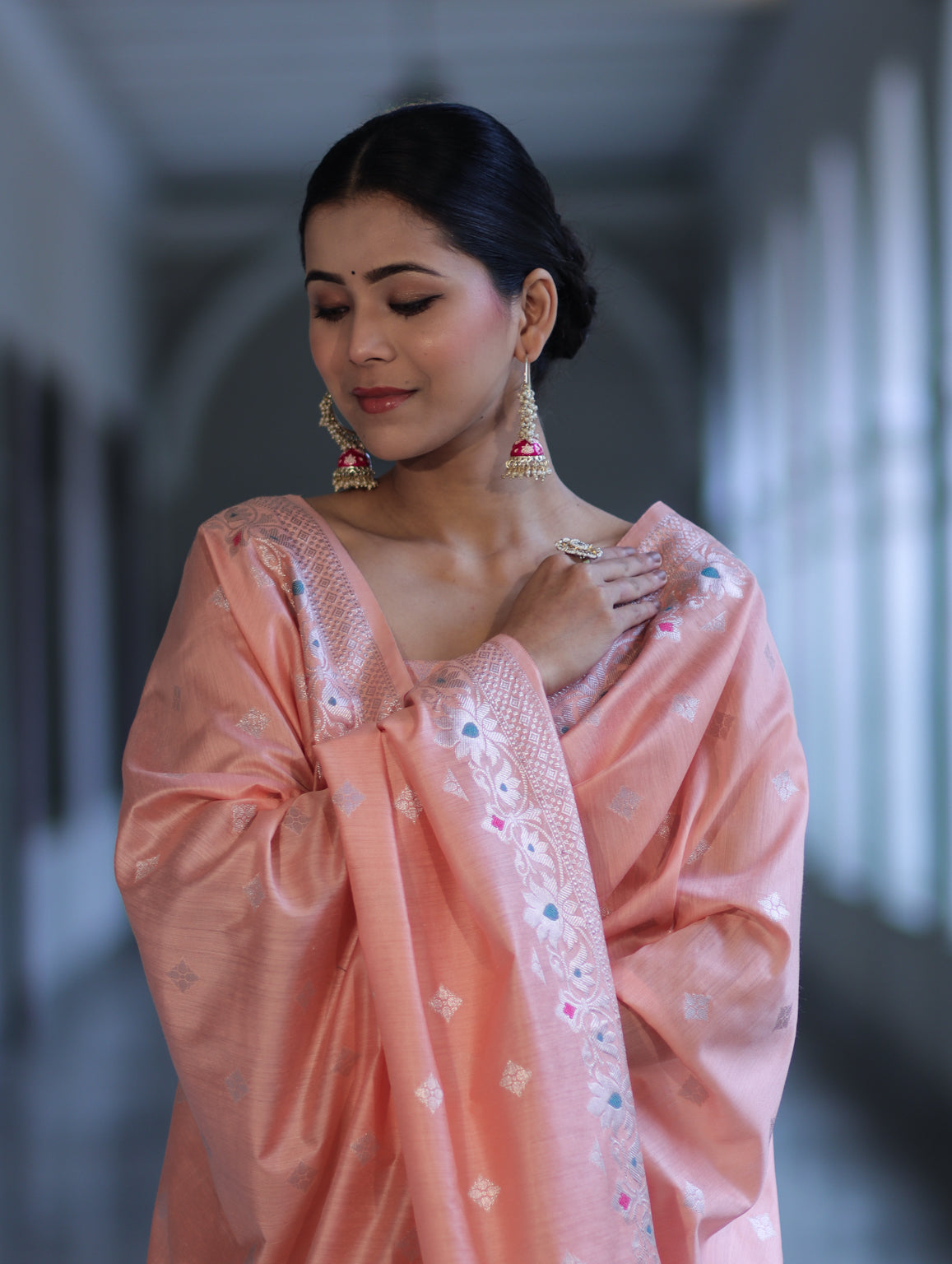 Banarasee Semi-Silk Silver Zari Work Salwar Kameez Fabric With Dupatta Set-Peach