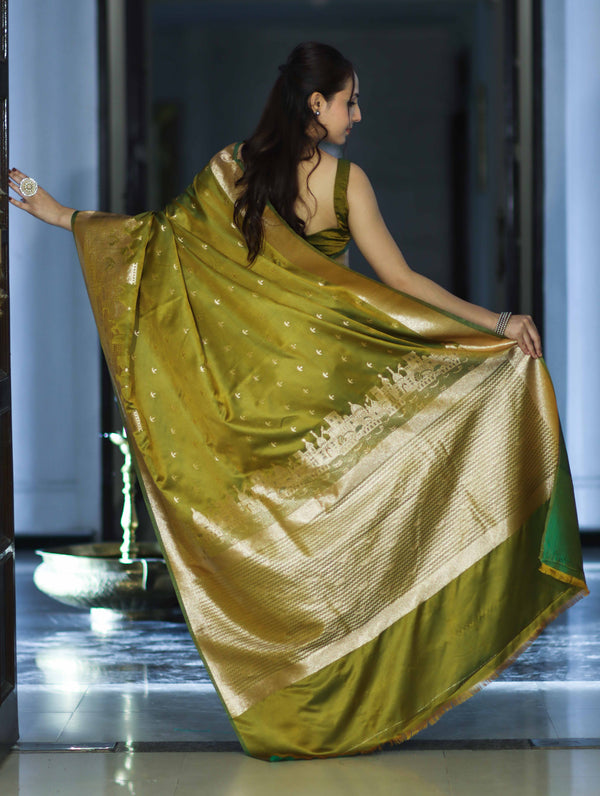 Banarasee Handloom Soft Silk Saree With Diya Design & Ganga Ghat Zari Border-Olive Green (Yellow Tone)