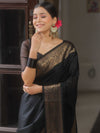 Banarasee Handwoven Semi Silk Plain Saree With Zari Border-Black