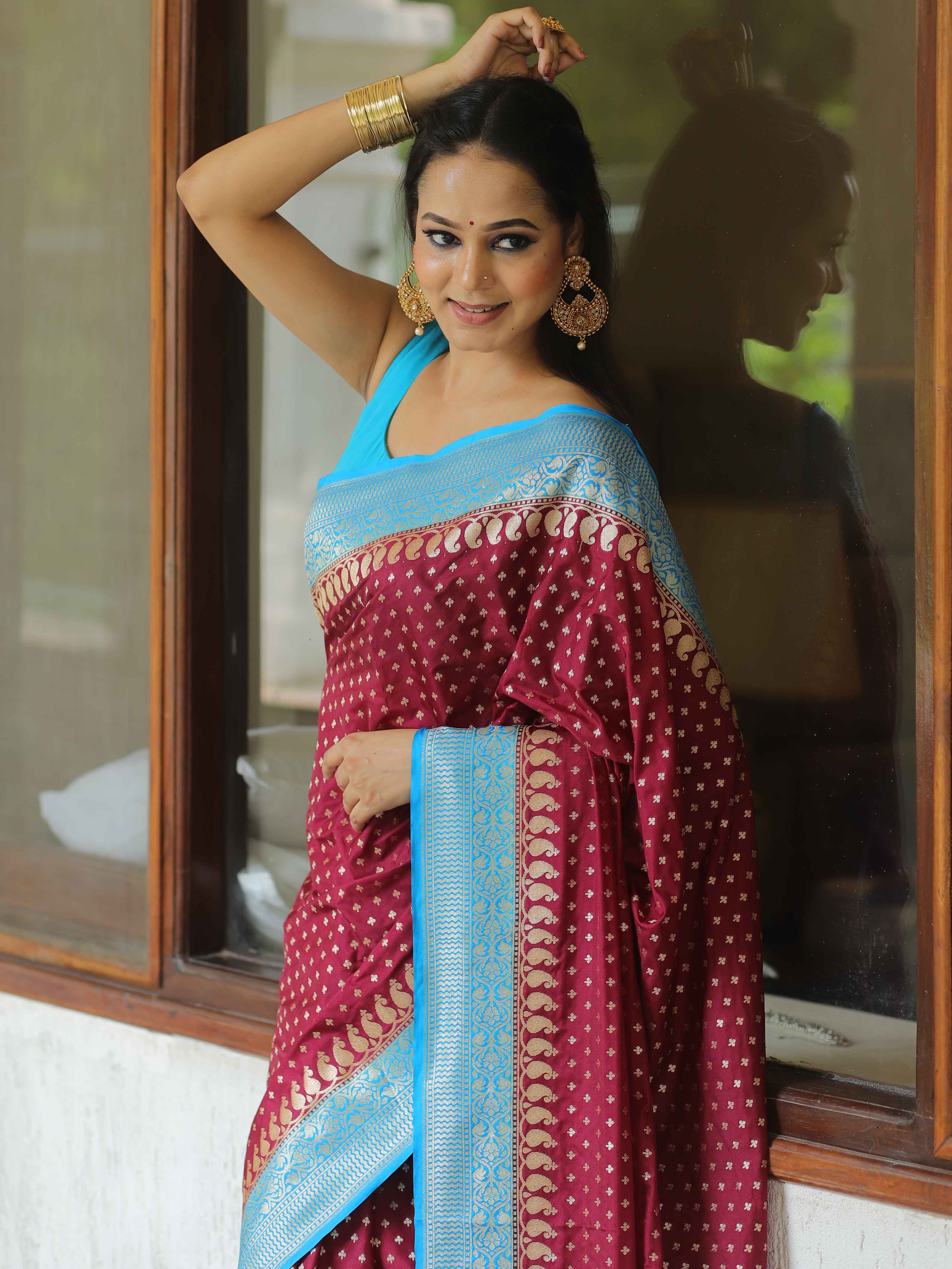 Banarasee Semi-Katan Zari Buta & Contrast Border Saree-Maroon & Blue