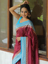 Banarasee Semi-Katan Zari Buta & Contrast Border Saree-Maroon & Blue