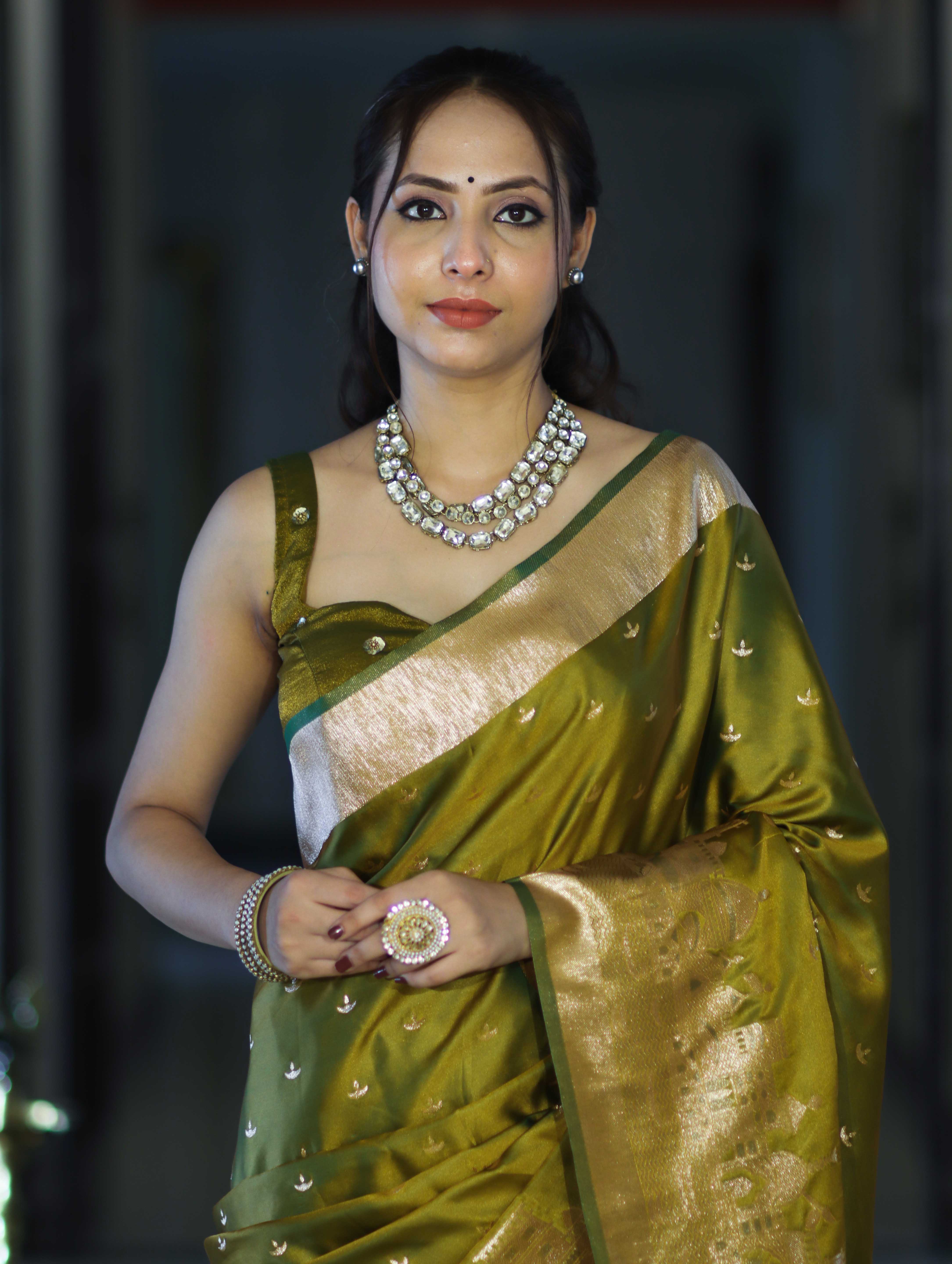 Banarasee Handloom Soft Silk Saree With Diya Design & Ganga Ghat Zari Border-Olive Green (Yellow Tone)
