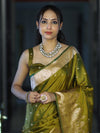 Banarasee Handloom Soft Silk Saree With Diya Design & Ganga Ghat Zari Border-Olive Green (Yellow Tone)
