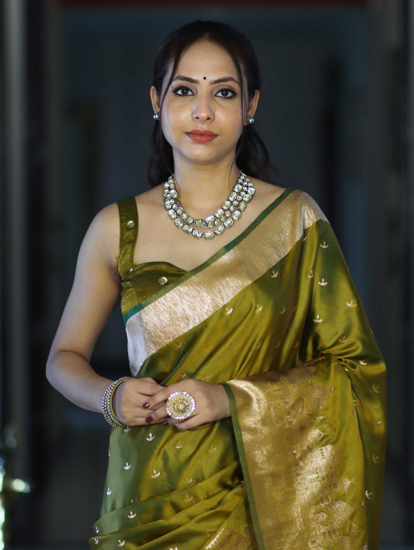 Banarasee Handloom Soft Silk Saree With Diya Design & Ganga Ghat Zari Border-Olive Green (Yellow Tone)