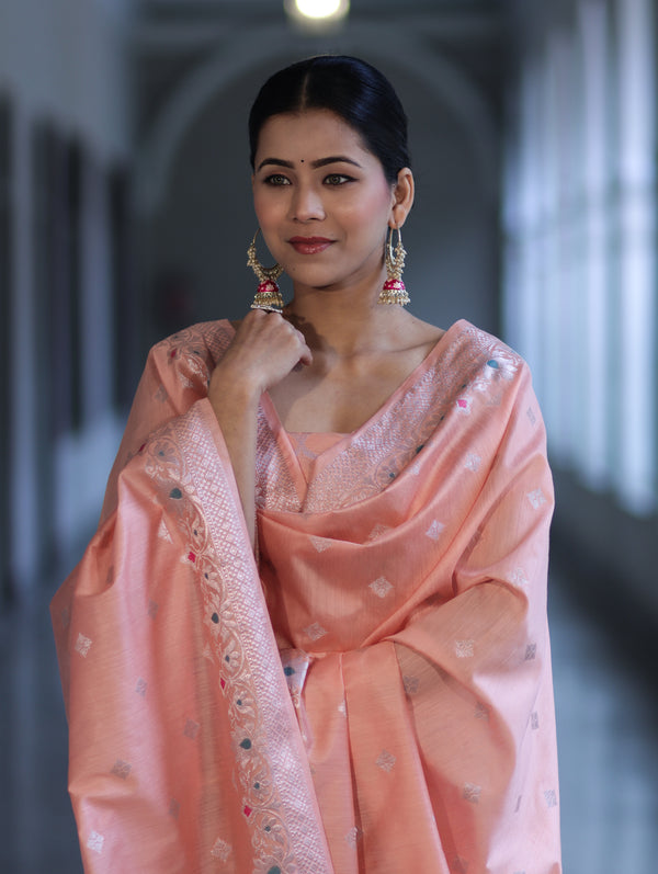 Banarasee Semi-Silk Silver Zari Work Salwar Kameez Fabric With Dupatta Set-Peach
