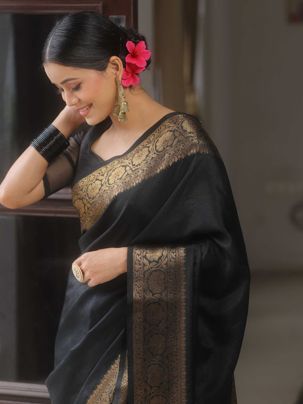 Banarasee Handwoven Semi Silk Plain Saree With Zari Border-Black