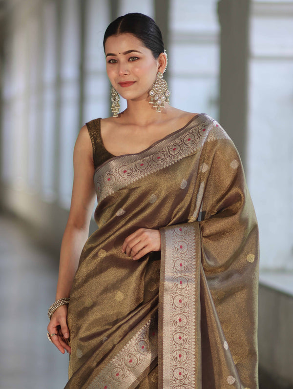 Banarasee Handloom Dual Tone Shimmer Silk Saree With Buti Design & Meena Border-Olive Green