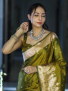 Banarasee Handloom Soft Silk Saree With Diya Design & Ganga Ghat Zari Border-Olive Green (Yellow Tone)