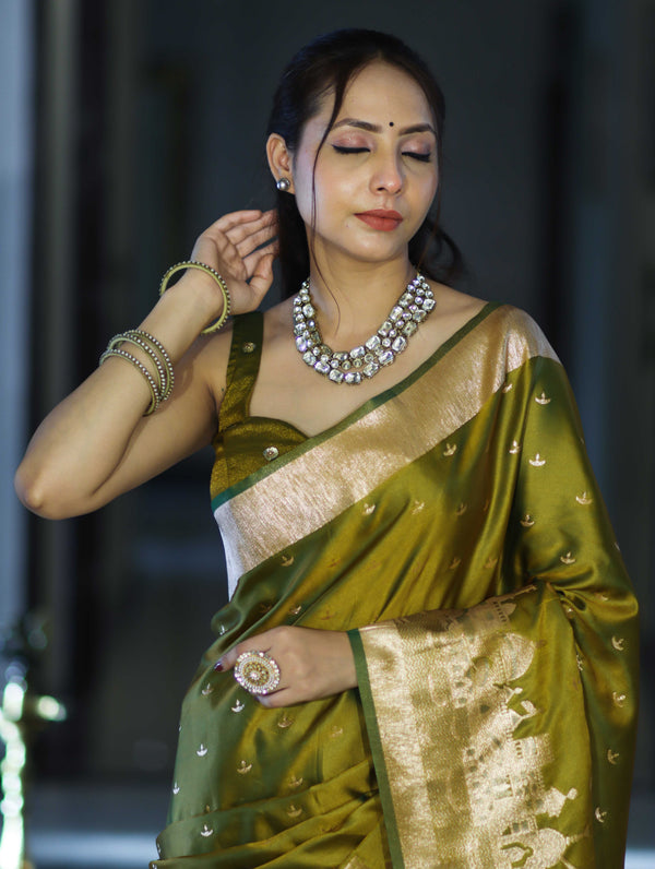 Banarasee Handloom Soft Silk Saree With Diya Design & Ganga Ghat Zari Border-Olive Green (Yellow Tone)