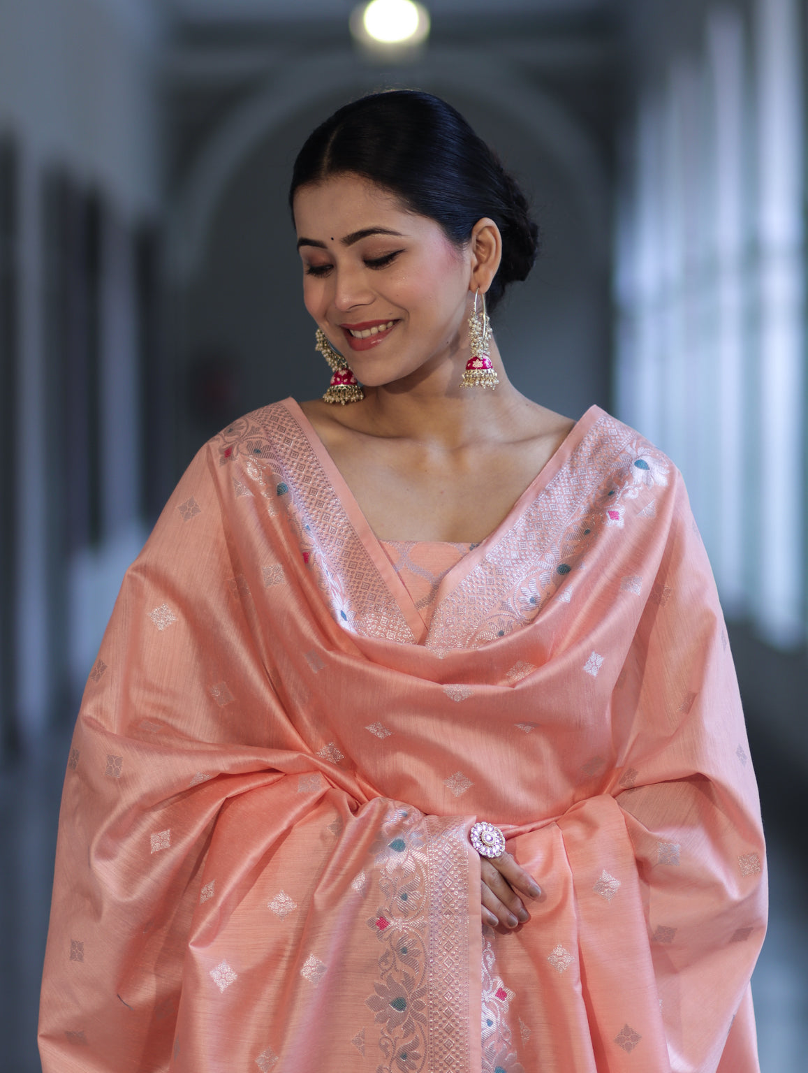 Banarasee Semi-Silk Silver Zari Work Salwar Kameez Fabric With Dupatta Set-Peach