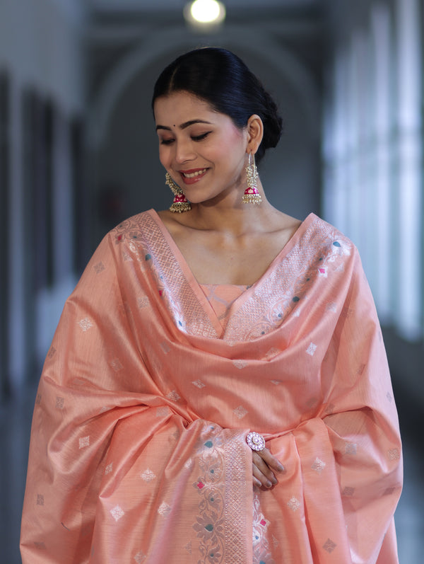 Banarasee Semi-Silk Silver Zari Work Salwar Kameez Fabric With Dupatta Set-Peach