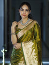 Banarasee Handloom Soft Silk Saree With Diya Design & Ganga Ghat Zari Border-Olive Green (Yellow Tone)