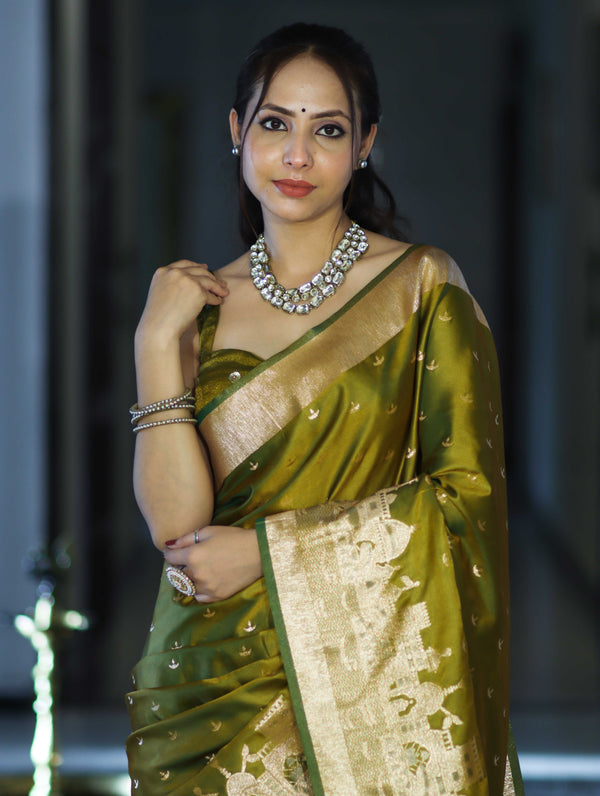 Banarasee Handloom Soft Silk Saree With Diya Design & Ganga Ghat Zari Border-Olive Green (Yellow Tone)