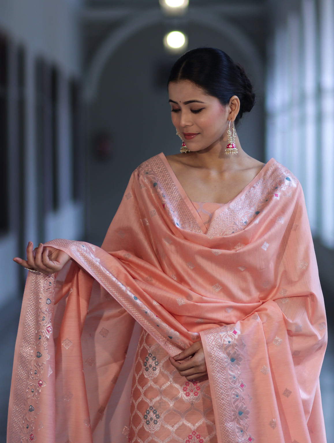 Banarasee Semi-Silk Silver Zari Work Salwar Kameez Fabric With Dupatta Set-Peach