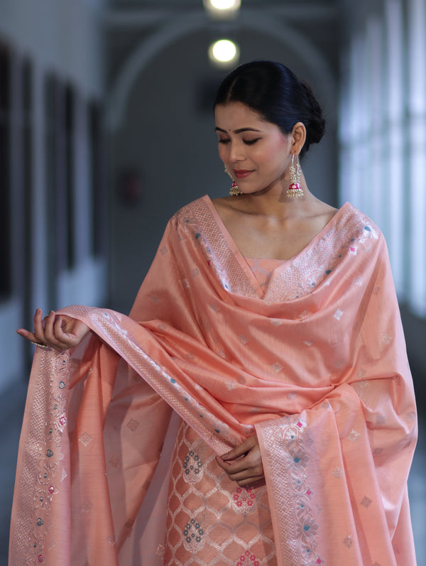 Banarasee Semi-Silk Silver Zari Work Salwar Kameez Fabric With Dupatta Set-Peach