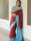 Banarasee Semi-Katan Zari Buta & Contrast Border Saree-Maroon & Blue