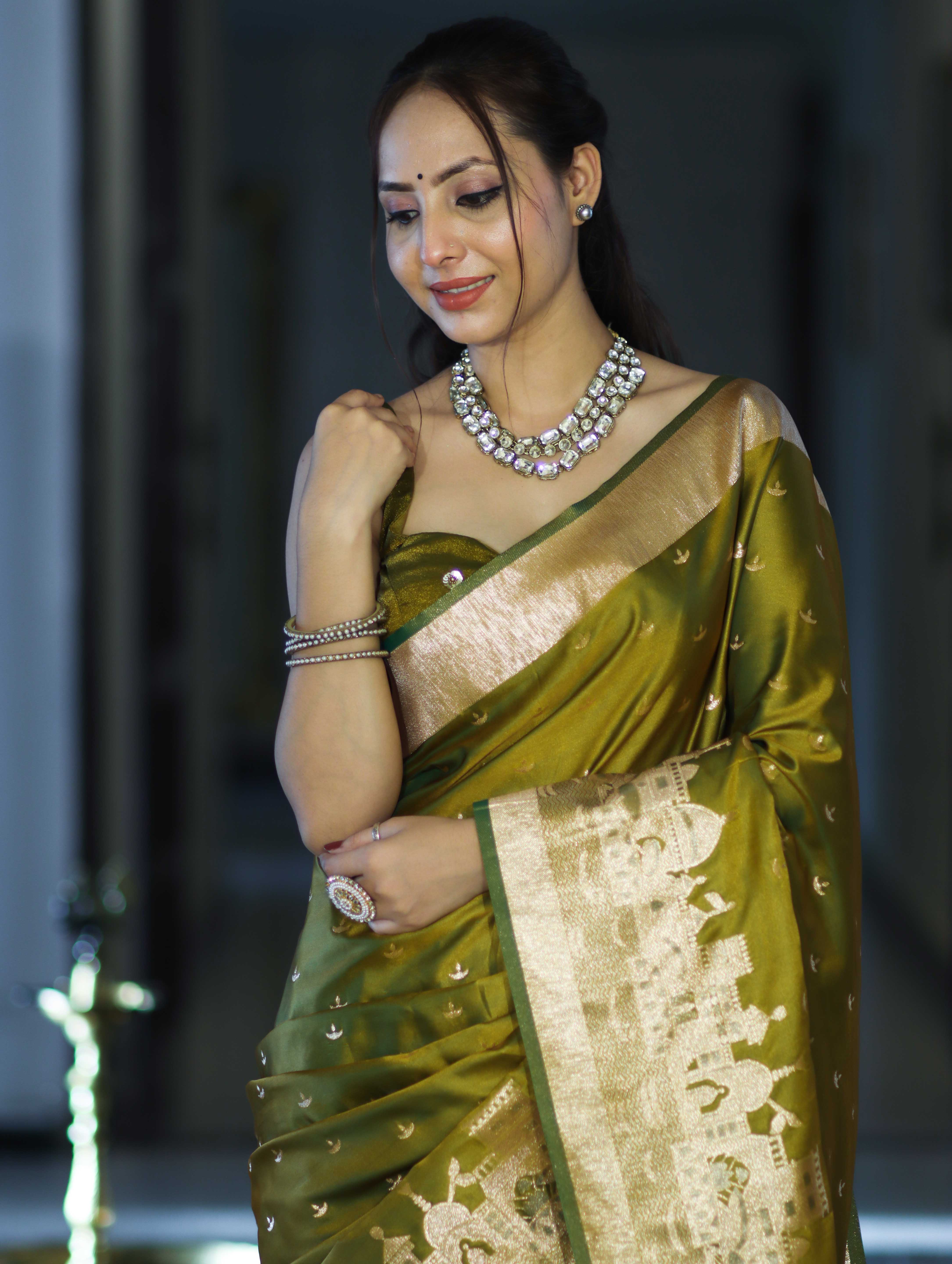 Banarasee Handloom Soft Silk Saree With Diya Design & Ganga Ghat Zari Border-Olive Green (Yellow Tone)