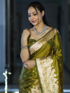 Banarasee Handloom Soft Silk Saree With Diya Design & Ganga Ghat Zari Border-Olive Green (Yellow Tone)