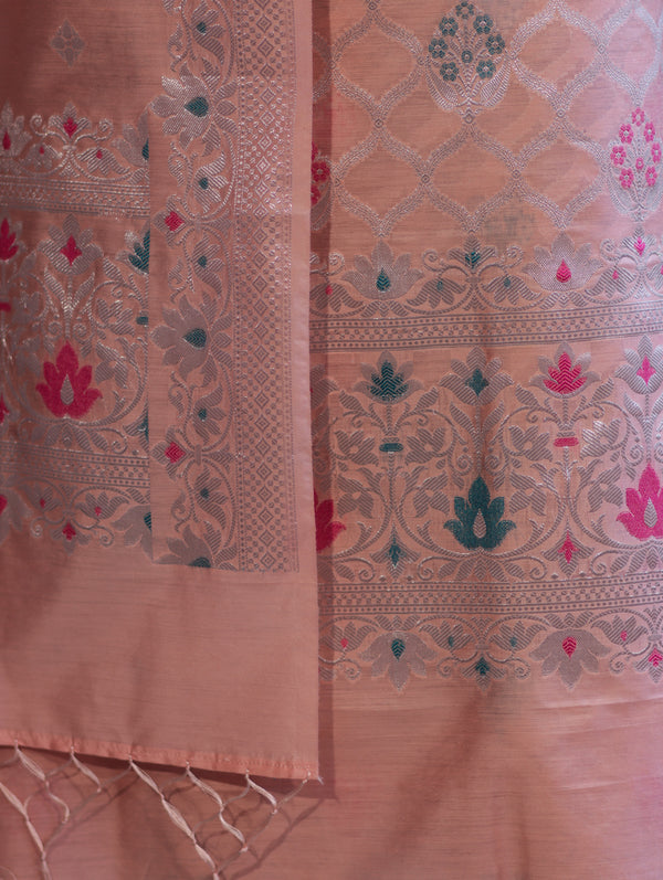 Banarasee Semi-Silk Silver Zari Work Salwar Kameez Fabric With Dupatta Set-Peach