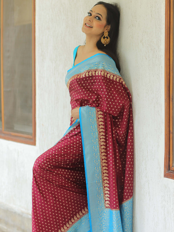 Banarasee Semi-Katan Zari Buta & Contrast Border Saree-Maroon & Blue