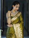 Banarasee Handloom Soft Silk Saree With Diya Design & Ganga Ghat Zari Border-Olive Green (Yellow Tone)