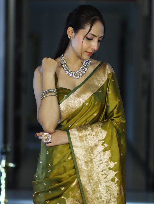 Banarasee Handloom Soft Silk Saree With Diya Design & Ganga Ghat Zari Border-Olive Green (Yellow Tone)