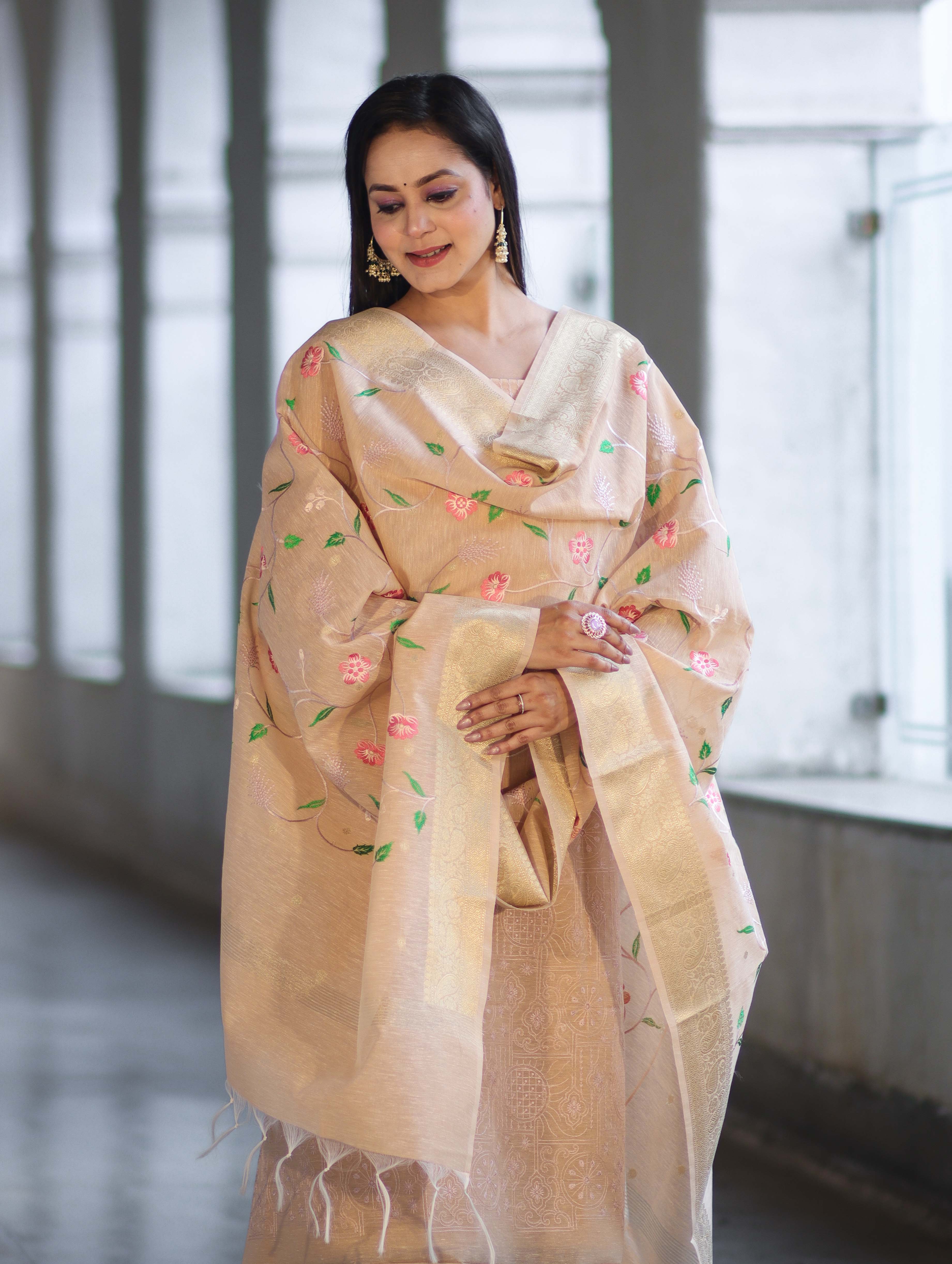 Banarasee Embroidered Linen Cotton Salwar Kameez Fabric With Dupatta Set-Beige